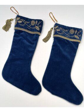Lot 2 WISTERIA Blue Velvet Gold Embellished Embroidered CHRISTMAS STOCKINGS Read
